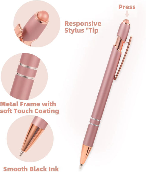 MengRan Rose Gold Pens, 12 pcs with Stylus Tip, Black Ink Medium Point Ballpoint Pens
