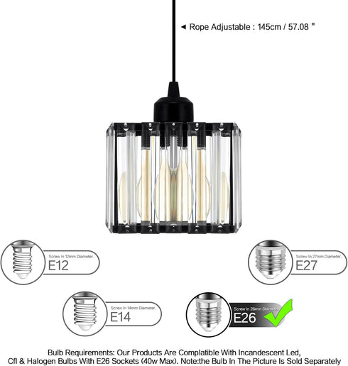 K9 E26 Bulb Ridgeyard Crystal Pendant Light Crystal Hanging Pendant Lighting Home Decoration fit