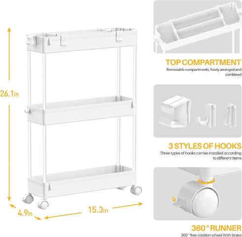 SPACELEAD Slim Storage Cart - 3 Tier Bathroom Rolling Utility Cart, Mobile Shelving Unit Organizer for Narrow Spaces,