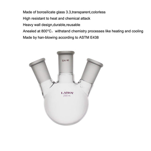 Laboy 250mL 3 Neck Round Bottom Boiling Flask with 24/40 Center Joint & Side Joints for Organic Chemistry
