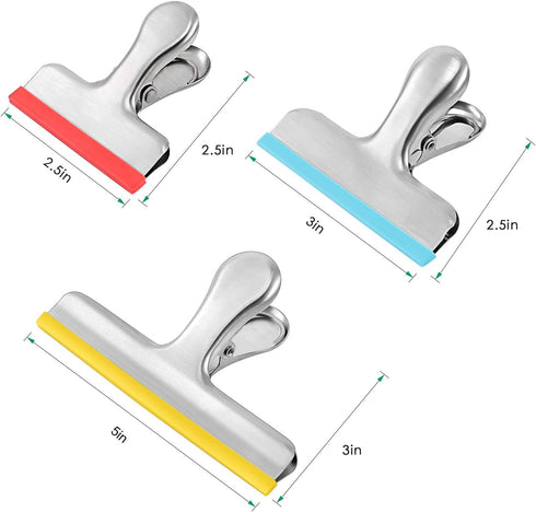 HOUSE AGAIN 12 Pack 3 Sizes Stainless Steel Chip Bag Clips Covered with Silicone - NO More Sharp Edges - Air Tight Seal Bag Clips, 5 Inches, 3 Inches and 2.5 Inches by HOUSE AGAIN