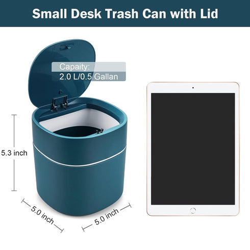 Mini Desk Trash Can with Lid, 0.5 Gallon Blue Plastic Covered Waste Basket with 180 Trash Bags