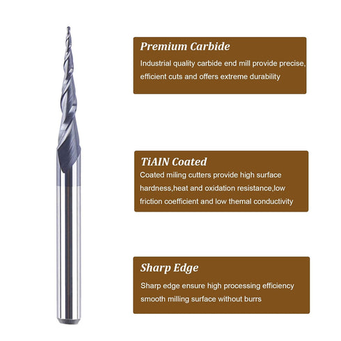 5Pcs 1/8 inch 0.25MM (0.5MM 3D SpeTool Tapered Ball Nose Carving End Mill Shank Radius Diameter) Tips Woodworking Tool
