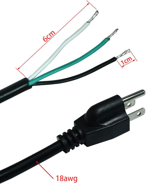 10FT 18 Gauge 3 Prong AC Power Cord Cable with ON/OFF Switch, Pigtail (Open End Wiring), NEMA 5-15 Plug SJTW 18AWG 10A125VAC