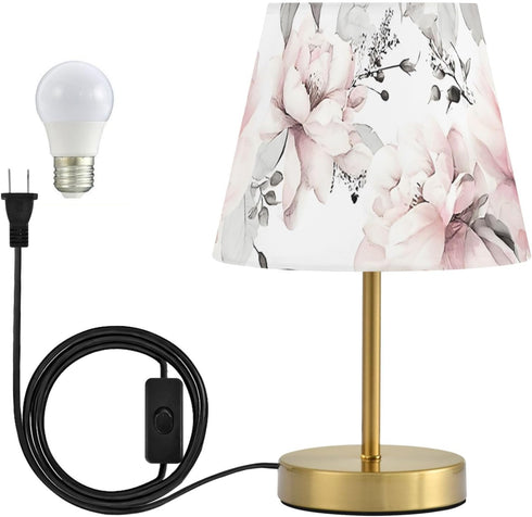 Dimmable ALAZA Table Lamp for Bedroom Nightstand Watercolor Pink Rose Flower Gray Leaves Bedside Lamp with USB Port