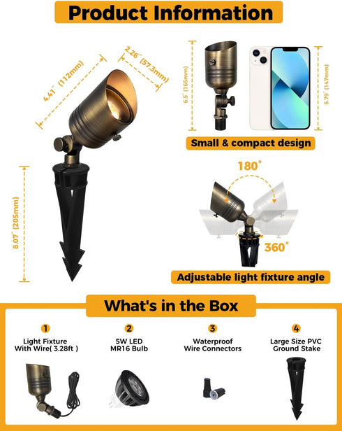 12V 5W 2700K MR16 Bulb, IP65 (1) COLOER Brass Outdoor Spotlights, LED Low Voltage Landscape Lighting with Aluminum