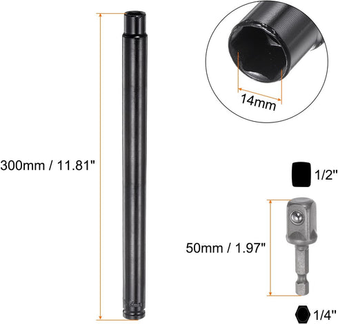 Extra Long Hollow Socket, 14mm x 300mm Deep Well Impact Nut Driver with 1/4" Quick-Change Hex Shank Power Drill Adapter