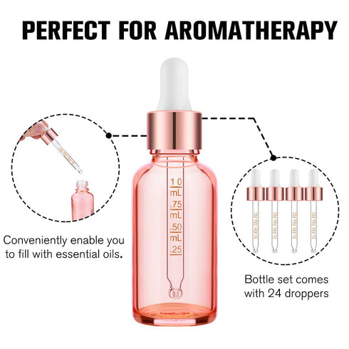 PrettyCare 1 oz Eye Dropper Bottle (24 Pack) Rose Glass Bottles with Measured Pipettes, Golden Caps & Labels