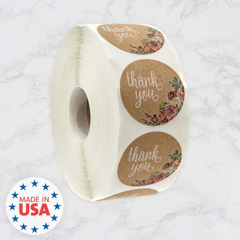 Brown Kraft Floral Thank You Stickers, 1000 Thanks Flowers Labels Roll, 1.5" Round