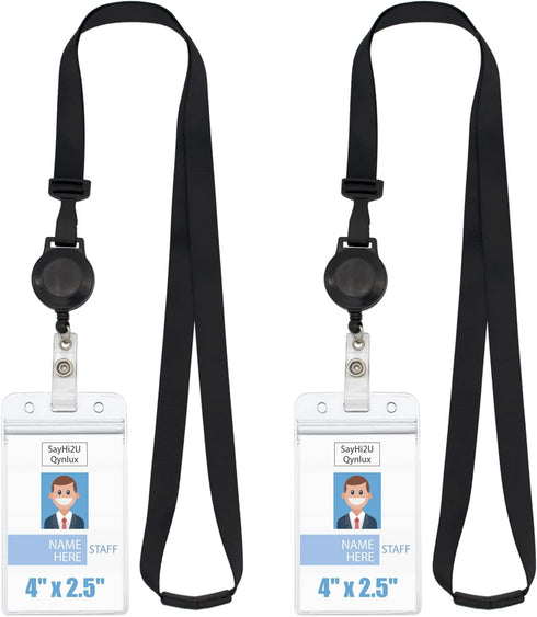 Retractable Breakaway Lanyard with ID Badge Holder, Adjustable Carabiner, Waterproof Zip Card Holder, Black 2 Pack