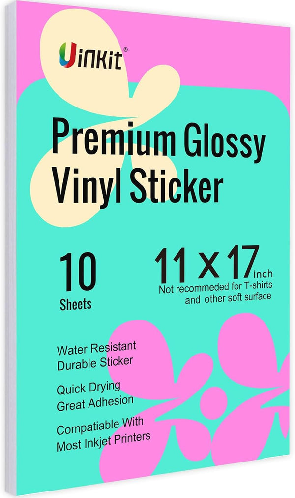 Uinkit Premium Vinyl Sticker Paper, 11x17 inch Glossy White, 10 Sheets, Waterproof Vivid Colors