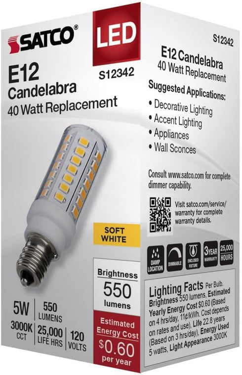 Satco 5W T6 Bulb, 3000K 120 Commercial, LED Mini Candelabra Clear Finish, Soft White, Volt, Residential Indoor Enclosed