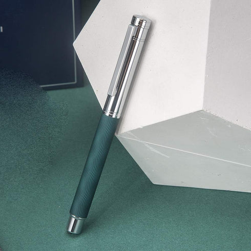 Hongdian 1843 Solid Metal Fountain Pen, Extra Fine Nib, Green Ripple Pattern with Refillable Converter and Case