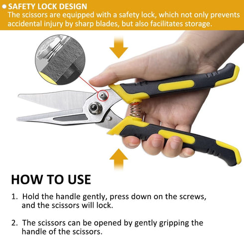 Stainless Steel Industrial Scissors, Heavy Duty Utility Scissors with Non-Slip Handle & Safety Lock, 9-Inch