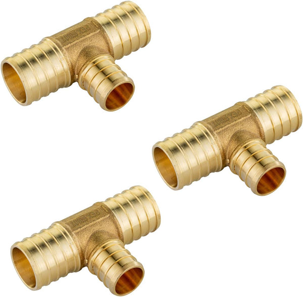 EFIELD 1" x 1"x 3/4" Barb Crimp Pex Reducing Tee Brass Fittings, Pack of 3, ASTM F1807