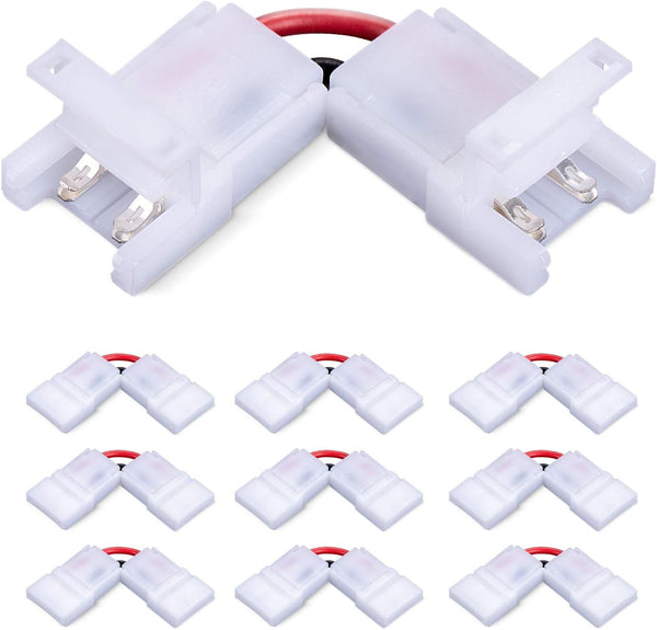 2 Pin 10mm L Shape LED Strip Light Connector Solderless Gapless Clips for Right Angle Corner, 90 Degree Connection