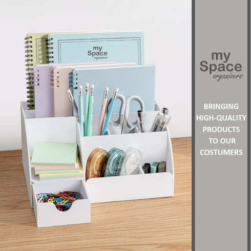 White Desk Organizer, 9 Compartments for Office Supplies and Desk Accessories, Pen Holder, Desktop Decor