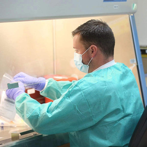45 3 AMZ Medical Supply Disposable Lab Jackets, GSM SMS, Snap Front Coat with Knit Cuffs Collar & Pockets, Hip Length