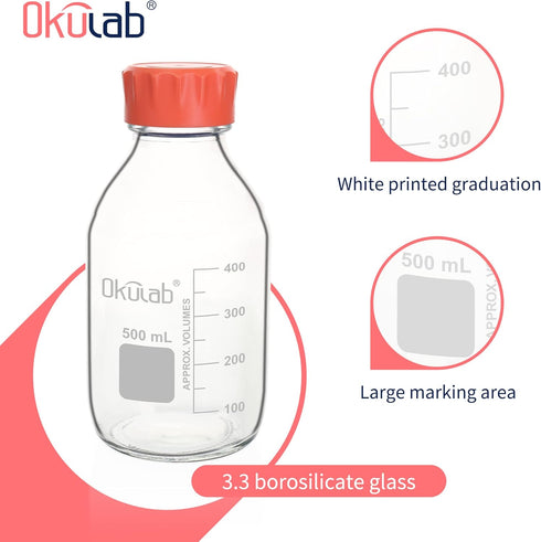 6pcs of 500ml Round Media Storage Bottles - Borosilicate Glass with GL45 Screw Caps for Safe Storage.