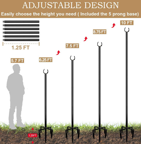 Sprimden 10ft 5-Prong 1 Pack String Light Poles for Outdoors, Outside Light Poles with Base, Suit for Garden, Backyard