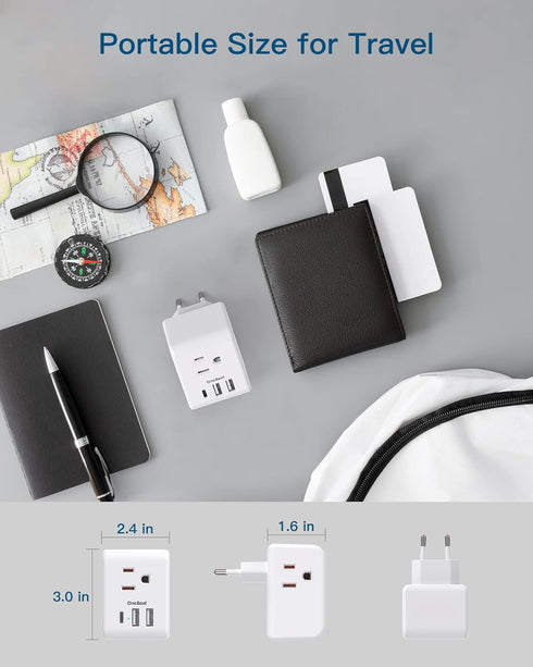 European Travel Plug Adapter with 3 Outlets, 3 USB Charging Ports (1 USB C) for Most Europe: Spain, Italy, France,