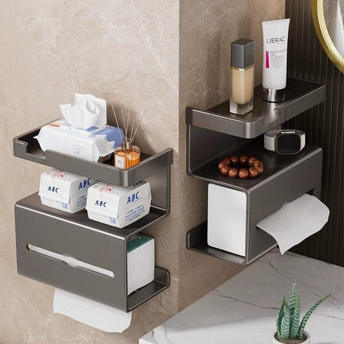 No Drill Toilet Paper Holder with Phone Shelf,Tissue Holder for Bathroom RVHome,Guest Toilet,Wall Mounted Toilet Paper