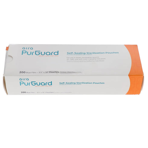 100523 3.50" 10" 200/Bx Aira PurGuard Paper/Blue Film Self-Sealing Sterilization Pouches X