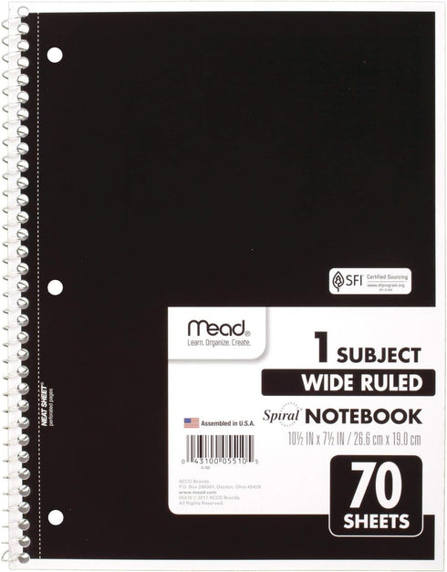 Mead Spiral Notebook, 6 Pack, 1-Subject, Wide Ruled Paper, 7-1/2" x 10-1/2", 70 Sheets per Notebook, Color Will Vary (73063) by Mead