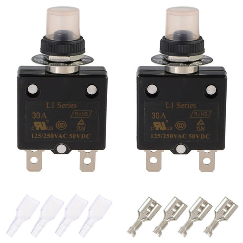 30A Manual Reset Push Button Circuit Breaker 125/250V AC 50V DC with Quick Connect Terminals and Waterproof Caps