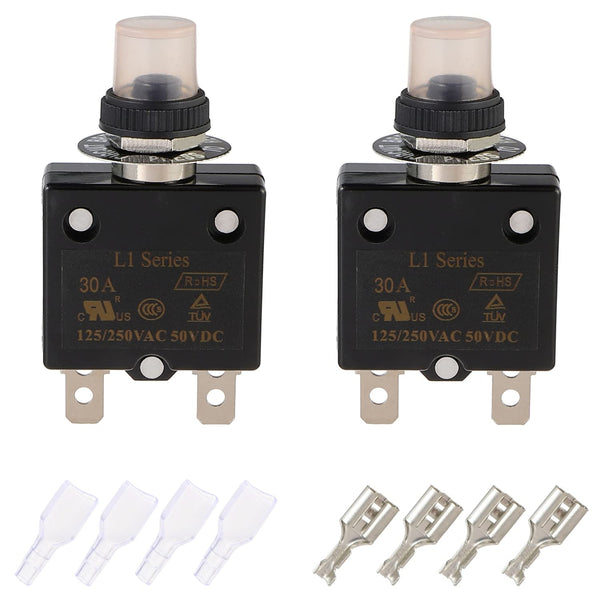 30A Manual Reset Push Button Circuit Breaker 125/250V AC 50V DC with Quick Connect Terminals and Waterproof Caps