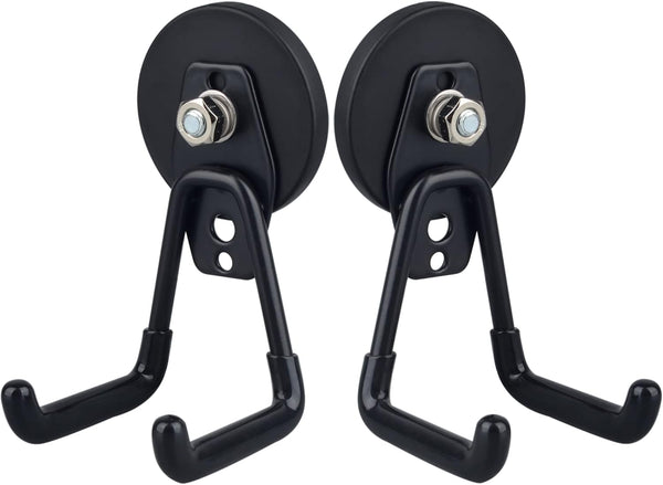 MUTUACTOR 2PCS Heavy Duty Magnetic Hooks, Double Hook Storage for Garage, Strong Metal Hooks for Cabinets, Drill
