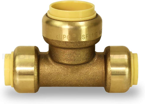 Supply Giant VQFU121234 Push Tees, 1/2 Inch x 1/2 Inch x 3/4 Inch Long Push-Fit Fittings, No Lead DZR Brass
