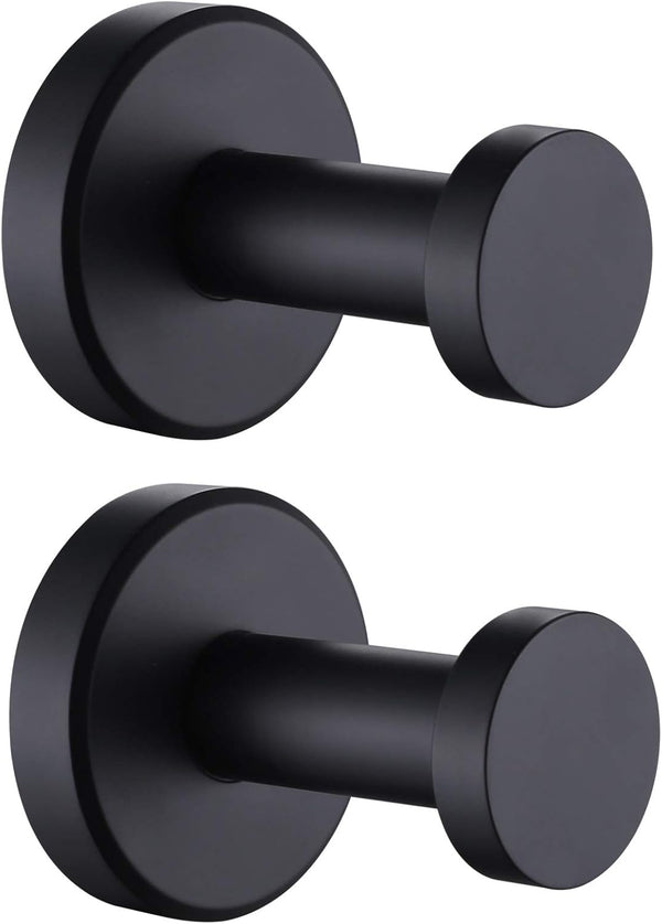 APLusee 2 Pack Bathroom Towel Hook - Stainless Steel Round Coat Robe Hanger for Toilet Kitchen (Matte Black)