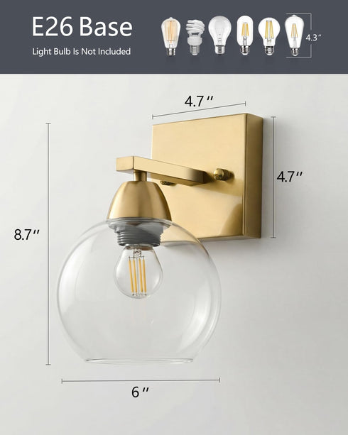 Ruibutrade 1-Light Bathroom Light Fixtures, Matte Gold Vanity Light with Hand-Blown Thick Glass Shade, High Clarity