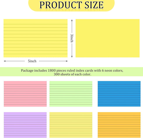 Tecmisse 1800 3x5 Inches 6 (1800) PCS Ruled Index Cards, Colorful Index Cards, Heavy Colored Note Cards, Study Cards