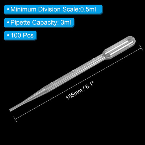 PATIKIL Disposable Transfer Pipettes, 100pcs 3ml LDPE Polyethylene Plastic Pipette Individually Wrapped for Transfer Liquid for Lab, Chemistry, Clear