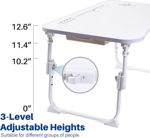 Height Adjustable Laptop Desk for Bed, Foldable Portable Bed Table with USB, Storage Drawer, Cup Holder, White