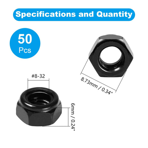 Yinpecly 50Pcs #8-32 304 Inch Nylon Insert Hex Lock Nuts Stainless Steel Locknuts Self-Locking Nut, Standard Threaded