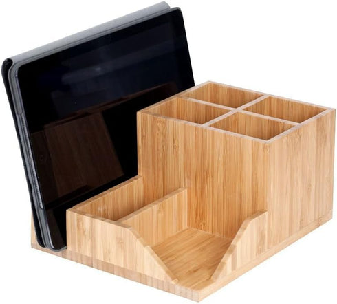 MobileVision Bamboo Multi-Function Desktop Organizer - Store Notepads, Folders, Paperclips, Business Cards & More