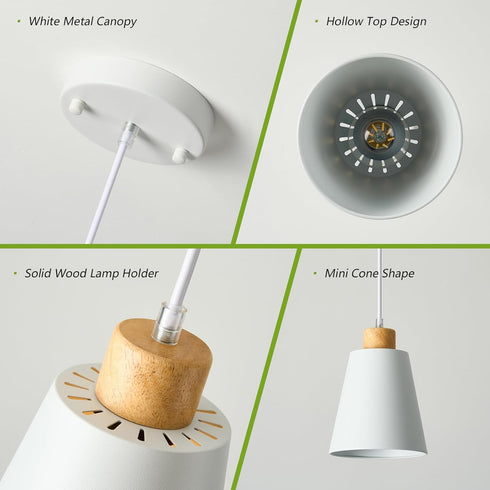 7.87in Counter, Mini Pendant Light Fixtures White Wood Pendant Lighting for Kitchen Island Cone Modern Ceiling Hanging