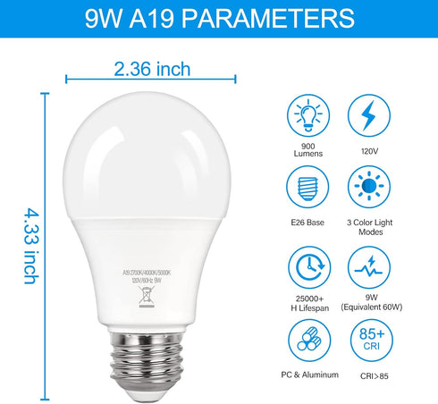 PARTPHONER A19 LED Light Bulbs, 60W Equivalent Efficient 9W, 900 Lumens, 3 Color Light Modes, Pack of 2