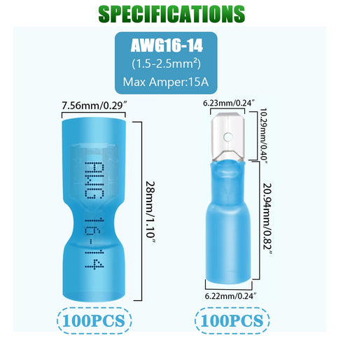 Twidec 200PCS Heat Shrink Spade Connectors Kit, 16-14 AWG Fully Insulated Electrical Wire Crimp Connectors
