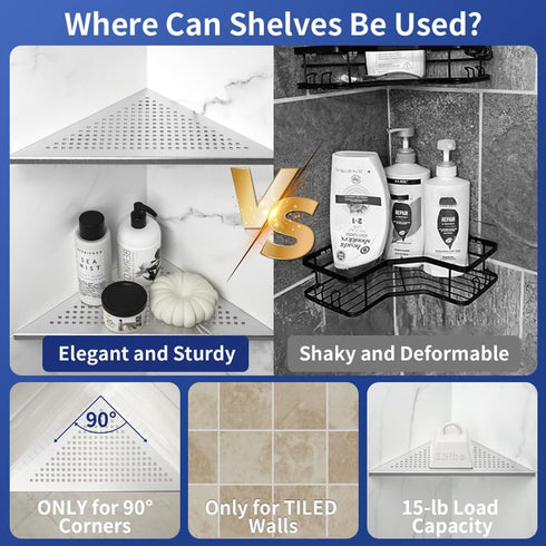 304 12" Corner Shower Shelf, Stainless Steel Brushed Recessed Bathroom Shelf, Grout in Shelf for Tiled Wall, Large Size
