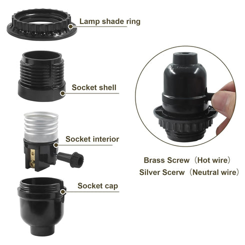 Aoserge E26 Bulb Light Socket with Lamp Shade Ring - Aluminum Medium Base Lamp Holder with ON/Off Switch, Robust