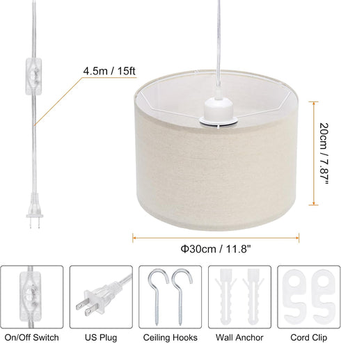 15Ft E26/E27 Bulb PATIKIL Plug in Pendant Light, Rope Cord Hanging Lamp Fixture with ON/Off Switch, Linen Fabric Shade