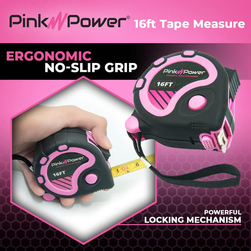 Pink Power 16ft Measuring Tape for Women s Tool Kit, Retractable Blade, Lock Button, Lightweight Pink Tape Measure