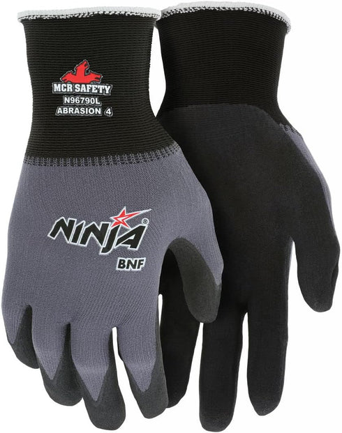 MCR Safety N96790XL Ninja BNF Work Gloves - 15 Gauge Nylon/Spandex Shell, NFT Coated Palm & Fingertips, Black/Grey, XL