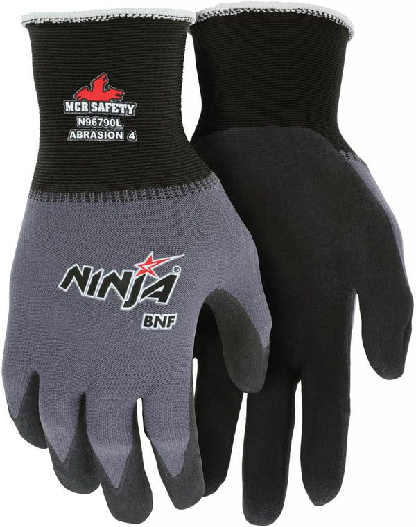 MCR Safety N96790XL Ninja BNF Work Gloves - 15 Gauge Nylon/Spandex Shell, NFT Coated Palm & Fingertips, Black/Grey, XL