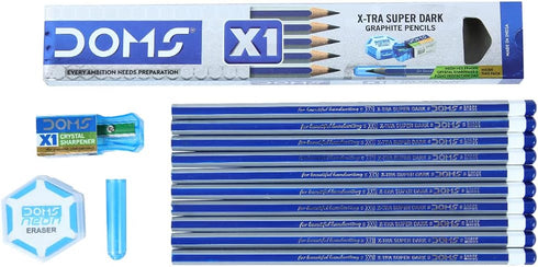 Doms X1 X-Tra Super Dark Pencils 1 Pack - 10 Pencils - 1 Eraser + 1 Sharpner + 1 Protection Cap Free by Doms