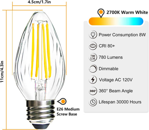 ROMANJOY F15 Dimmable LED Light Bulbs Led Porch Light Bulb 8W Equivalent 80W 2700K Warm White E26 Edison Vintage Bulb Flame Wrinkle Clear Glass Cover for Chandelier Lamp Ceiling Fan,4-Pack by R ROMANJOY